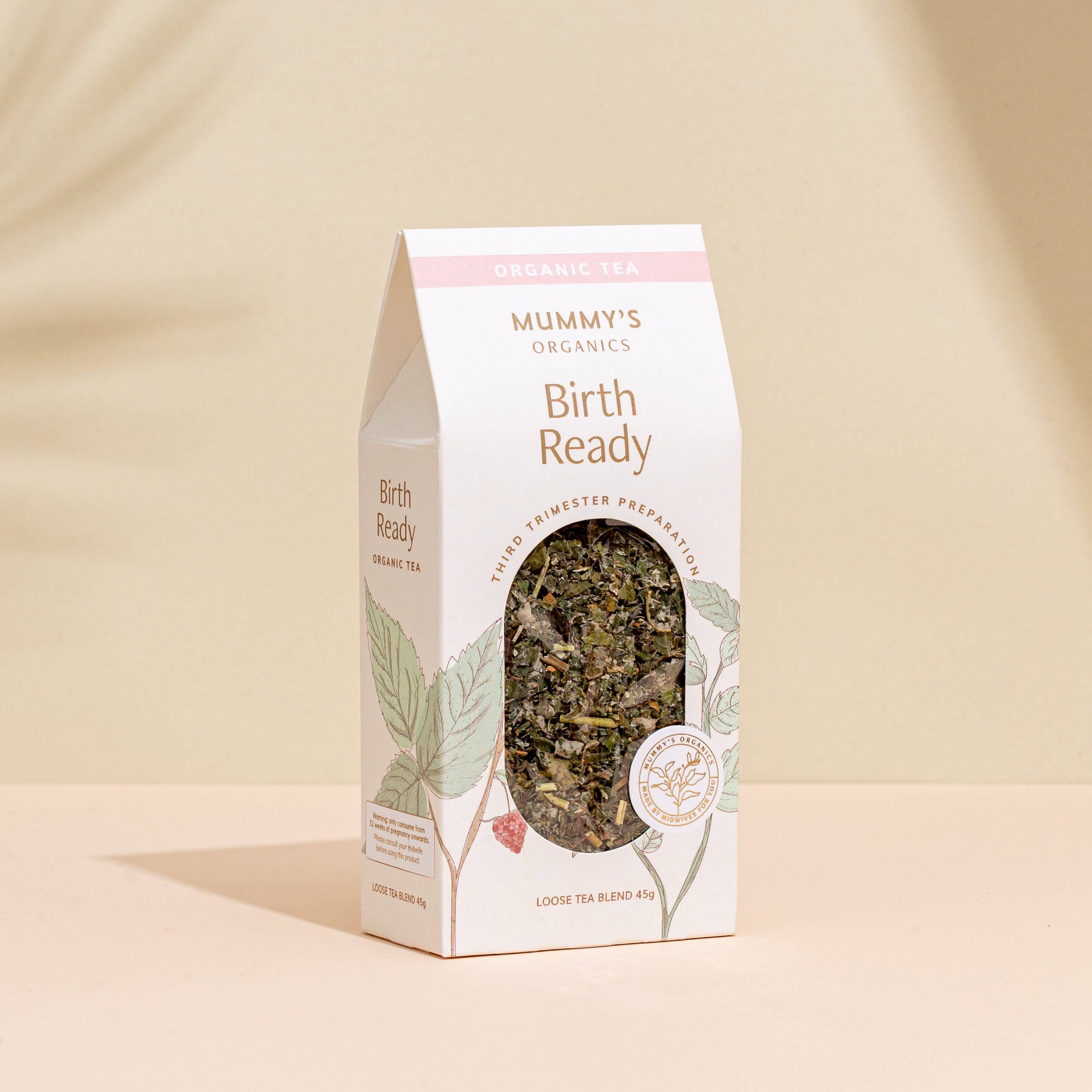 Organic Birth Ready Tea loose leaf herbal tea by Mummy's Organics for pregnancy wellness and third trimester support.