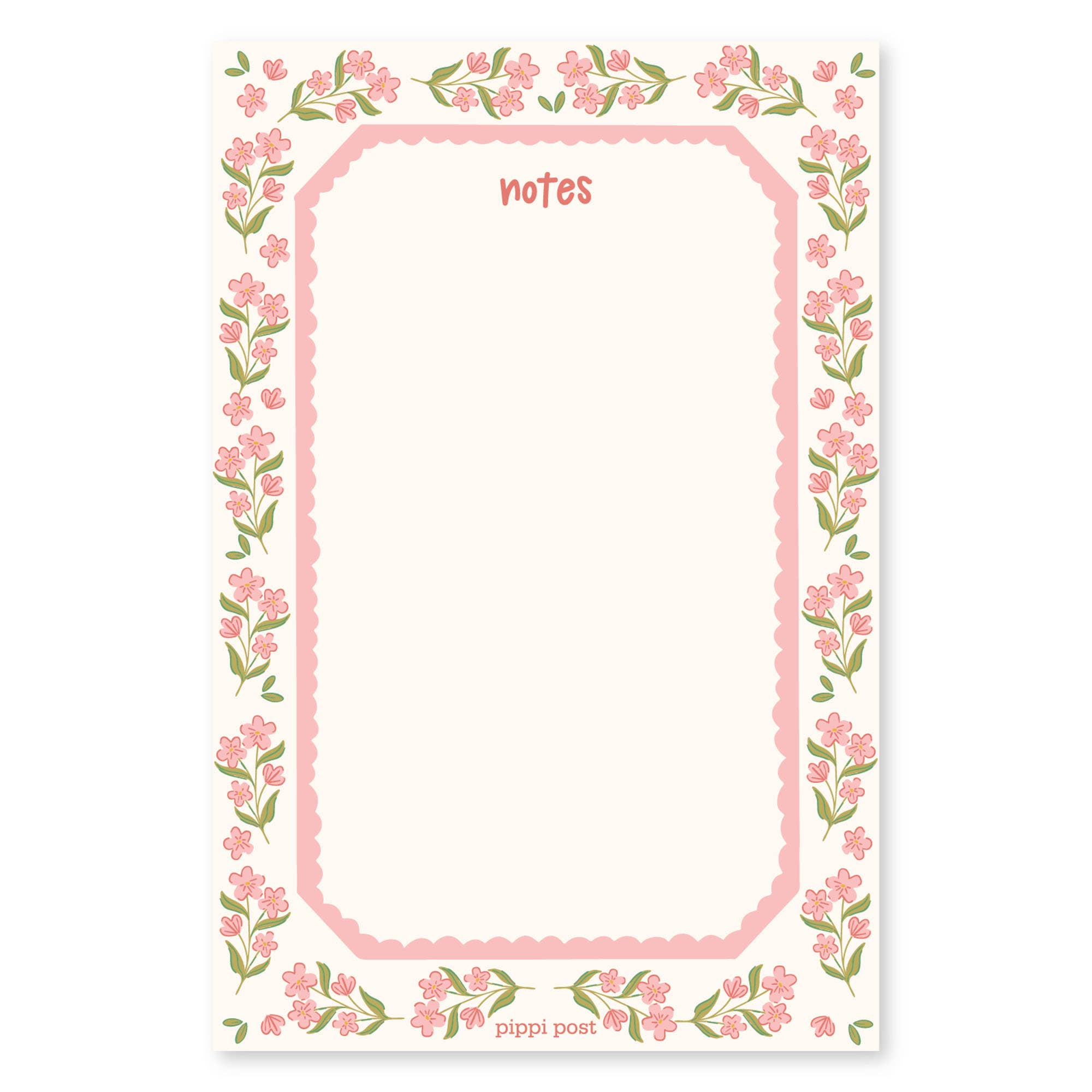 A floral notepad page with a pink border, green leaves, and pink flowers around a blank writing area labeled 'notes' at the top and 'pippi post' at the bottom.