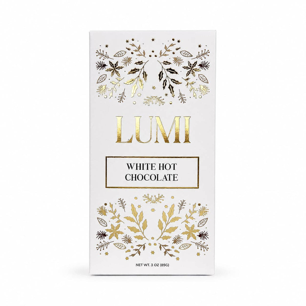 A 3 oz box of Lumi White Hot Chocolate, featuring a clean white packaging design with elegant gold foil botanical illustrations and the brand name 'LUMI' in gold lettering.