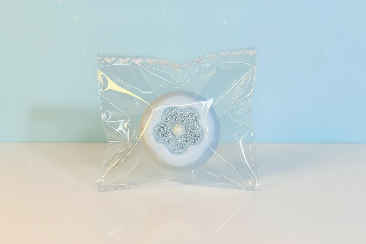 Blue Persimmon TABA Squishy with floral center in clear packaging against a soft blue background.
