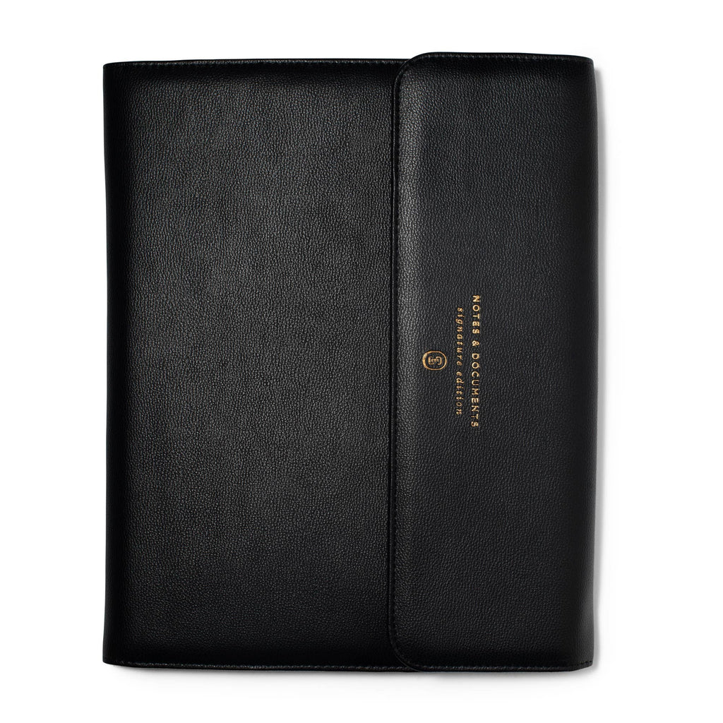 Black Executive Faux Leather Padfolio Set with magnetic closure, legal writing pad, business card pockets, and gold pen. A professional portfolio for meetings, work, and everyday organization