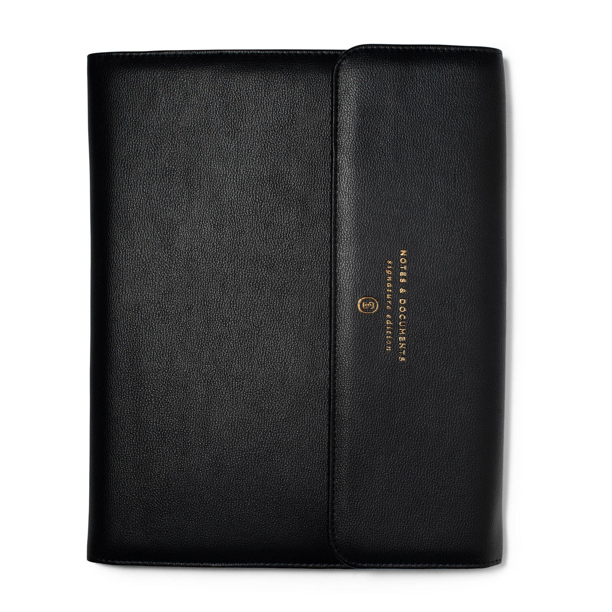 Black Executive Faux Leather Padfolio Set with magnetic closure, legal writing pad, business card pockets, and gold pen. A professional portfolio for meetings, work, and everyday organization