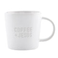 White mug with 'COFFEE + JESUS' text on a white background