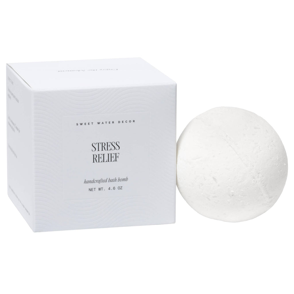 White bath bomb with packaging labeled 'Stress Relief' on a white background