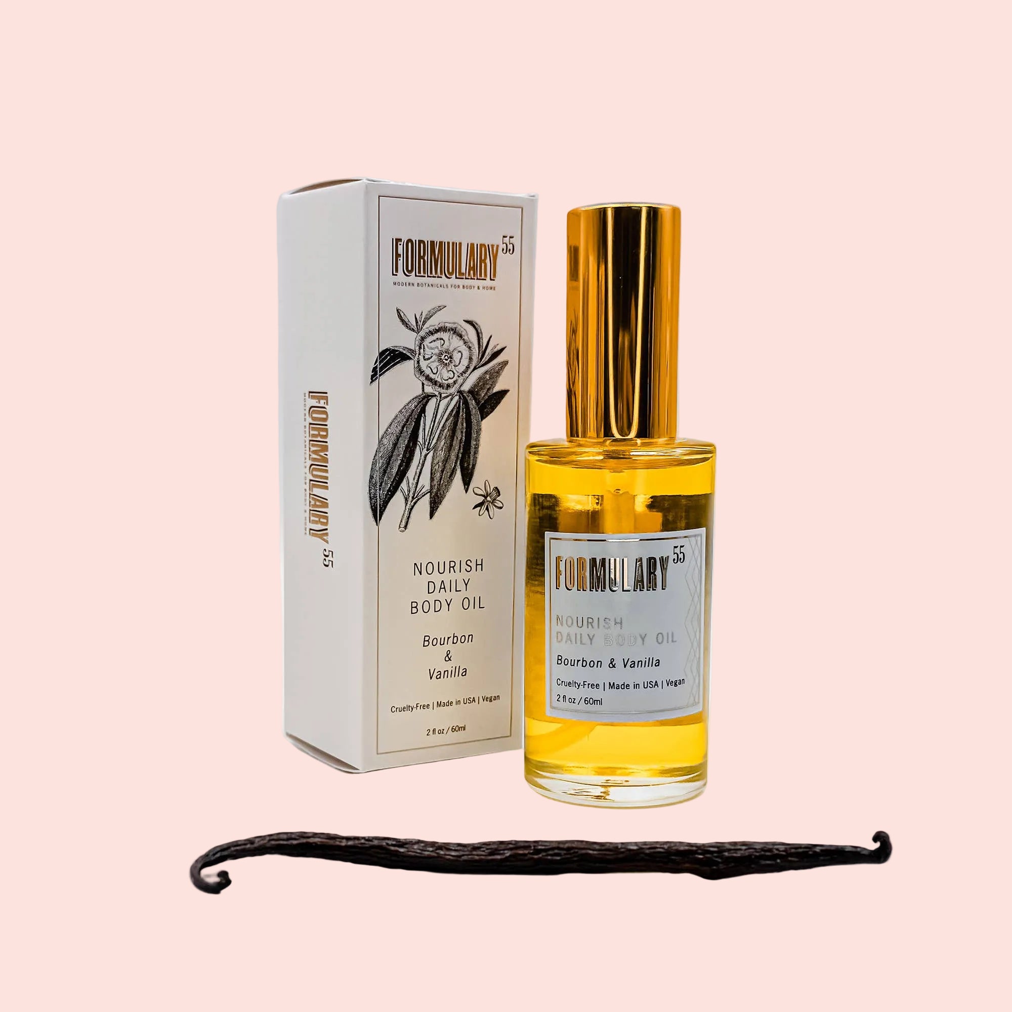 Bottle and box of Formulary 55 Bourbon Vanilla body oil on a white background