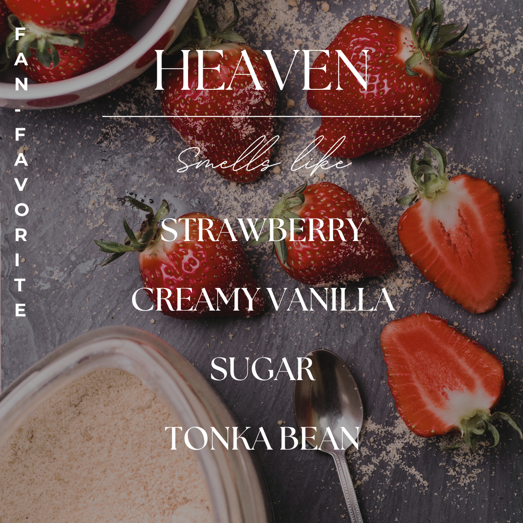 Strawberries with a scoop of vanilla ice cream on a dark surface, with text describing the flavor profile.