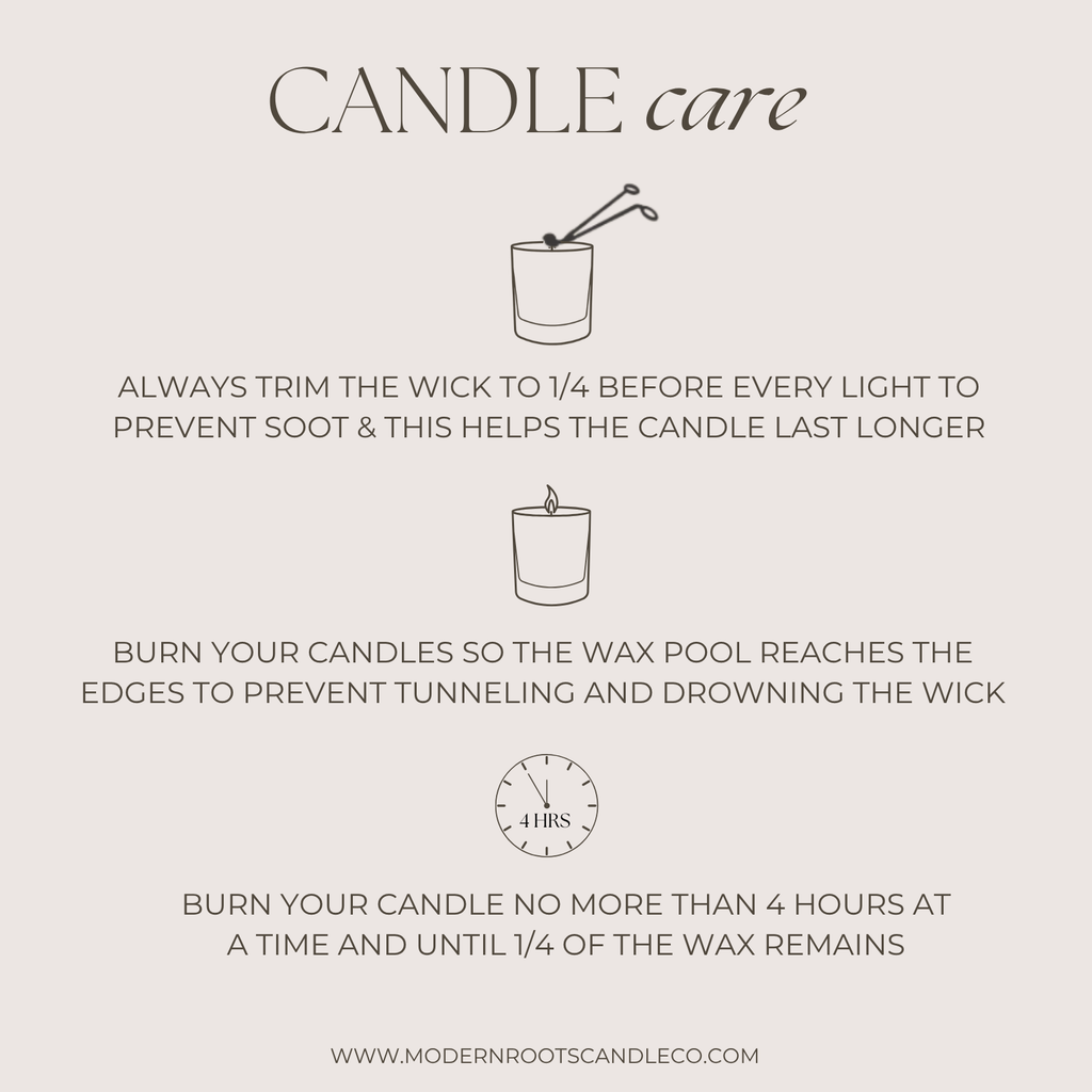 Candle care instructions with illustrations and text on a light gray background
