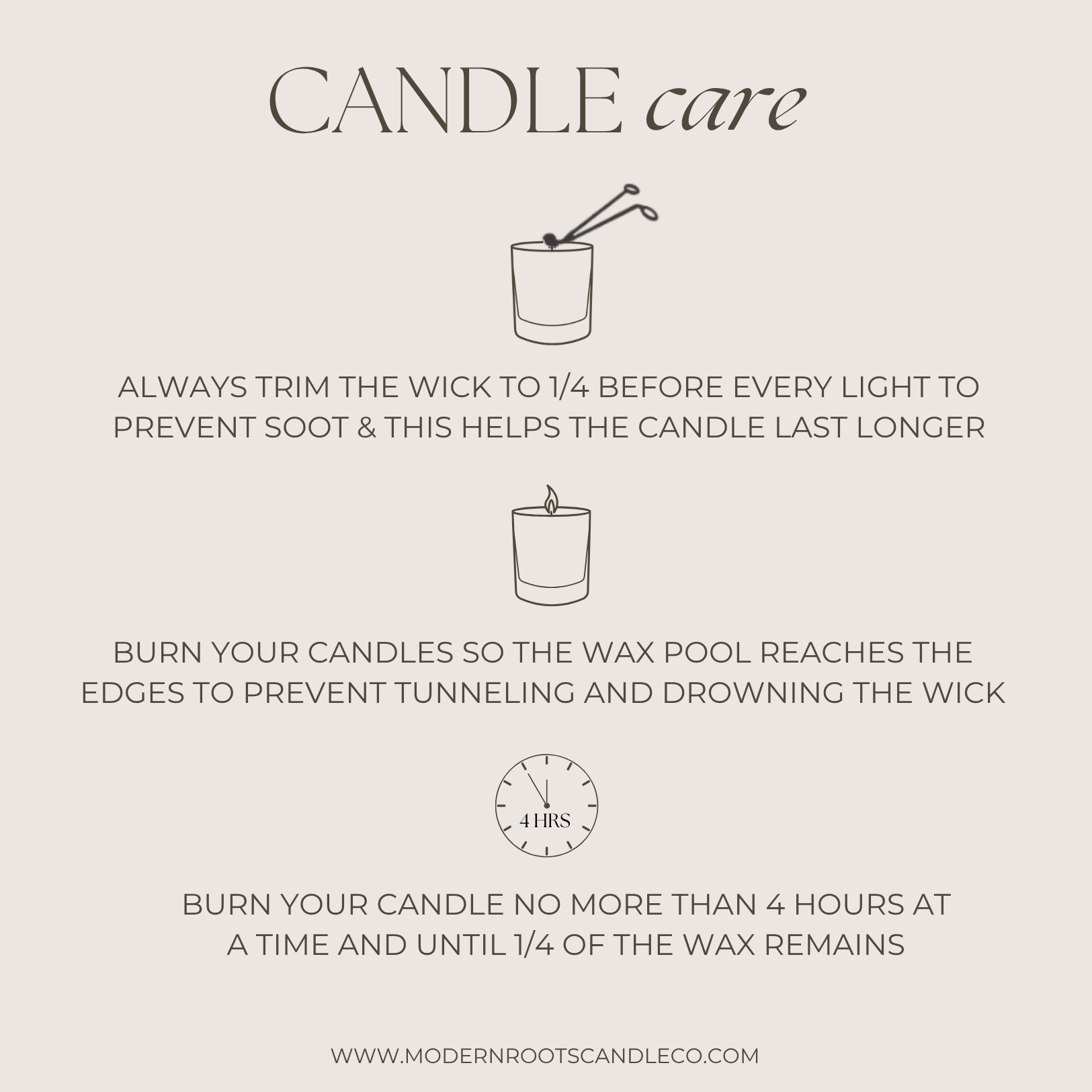 Candle care instructions with illustrations and text on a light gray background