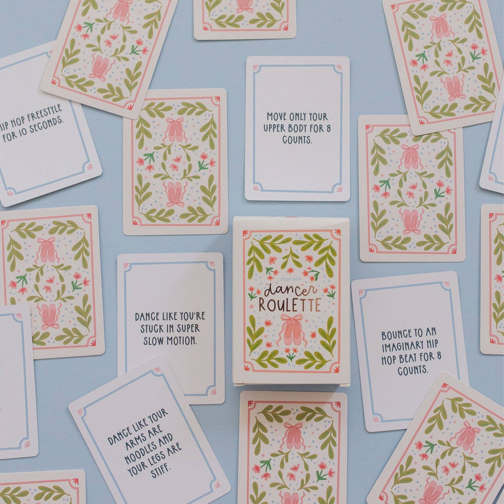 Dancer Roulette activity cards spread out showing a variety of dance challenges.