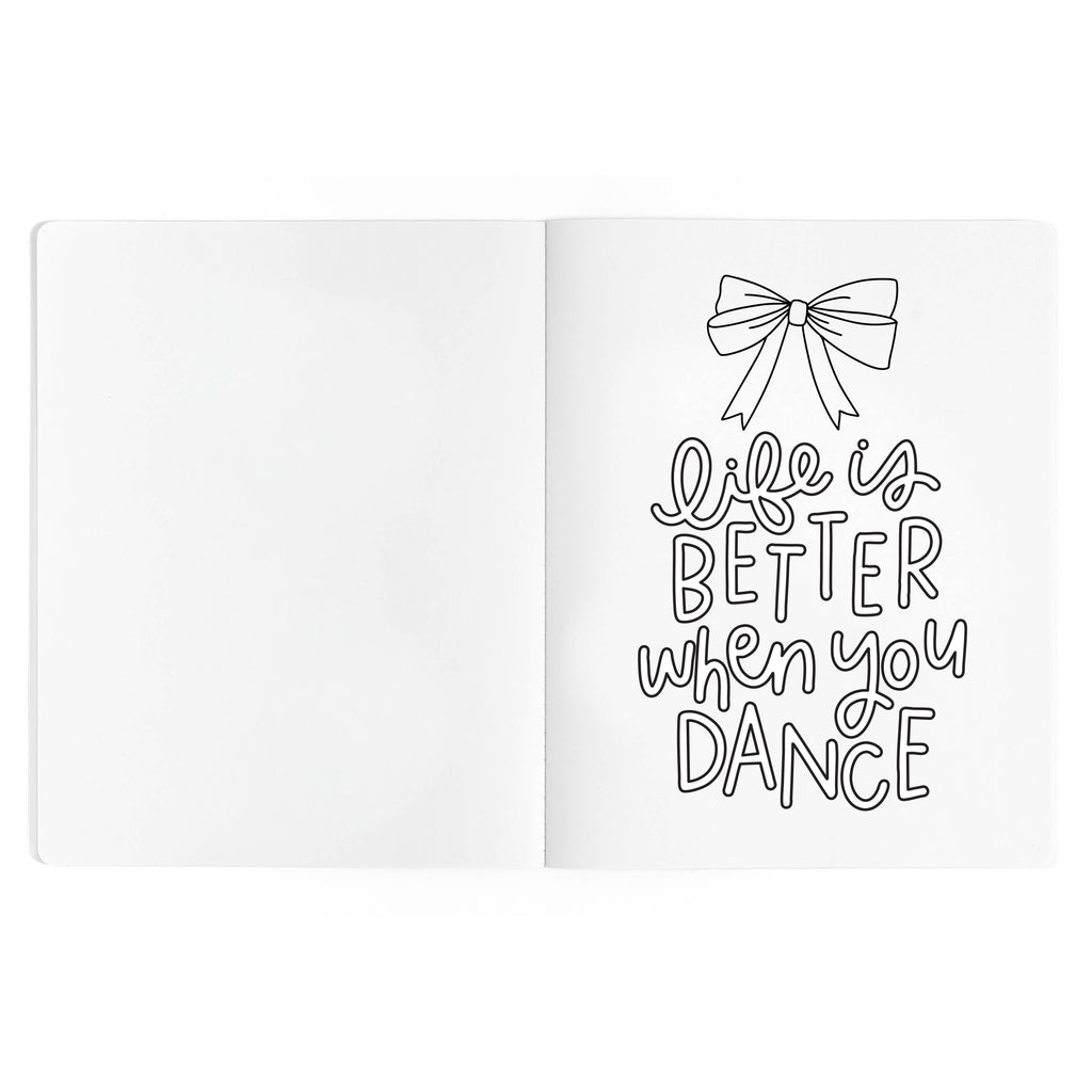 Interior coloring page with dance-themed artwork and inspirational phrase.