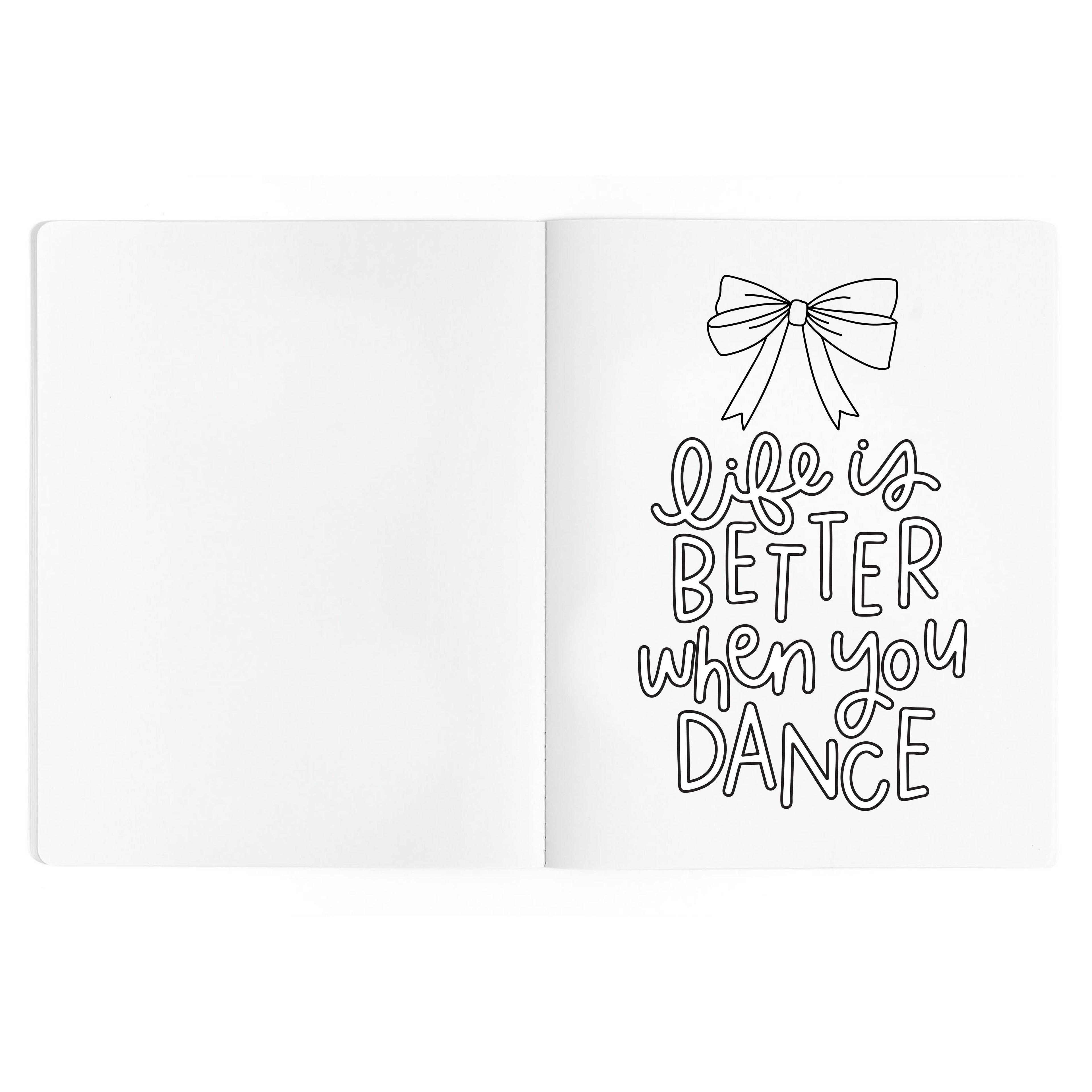 Interior coloring page with dance-themed artwork and inspirational phrase.