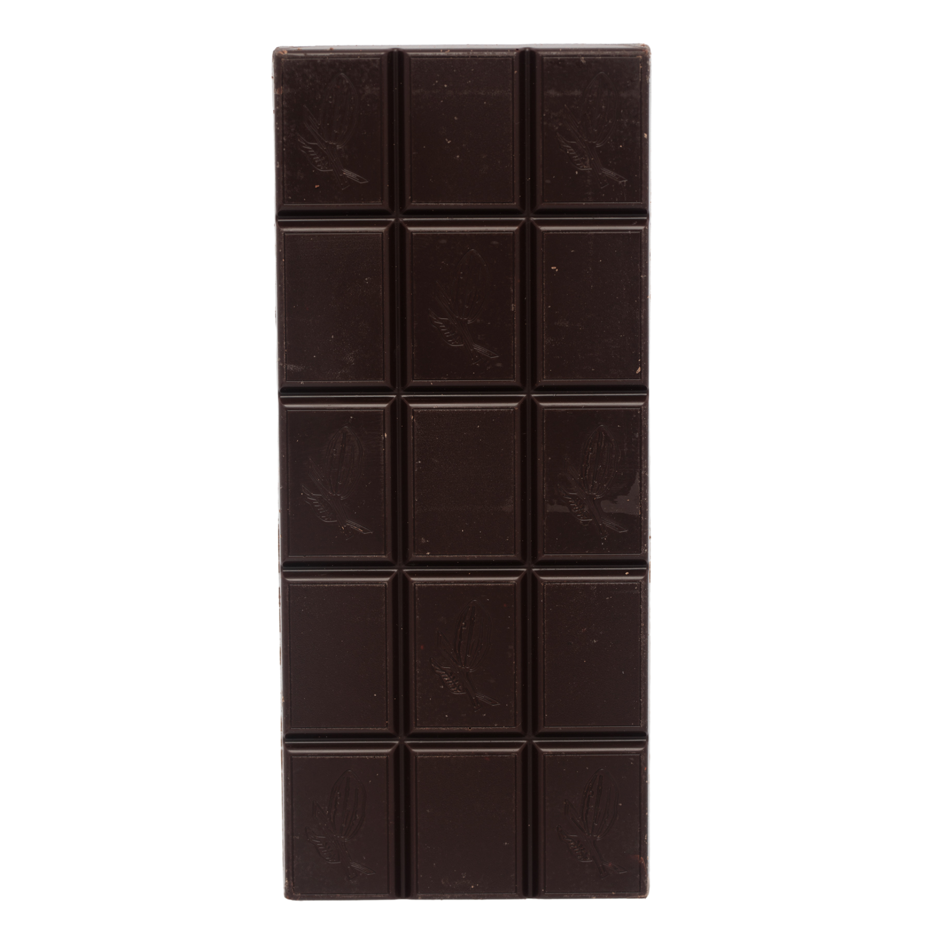 Dark chocolate bar with square pieces on a white background