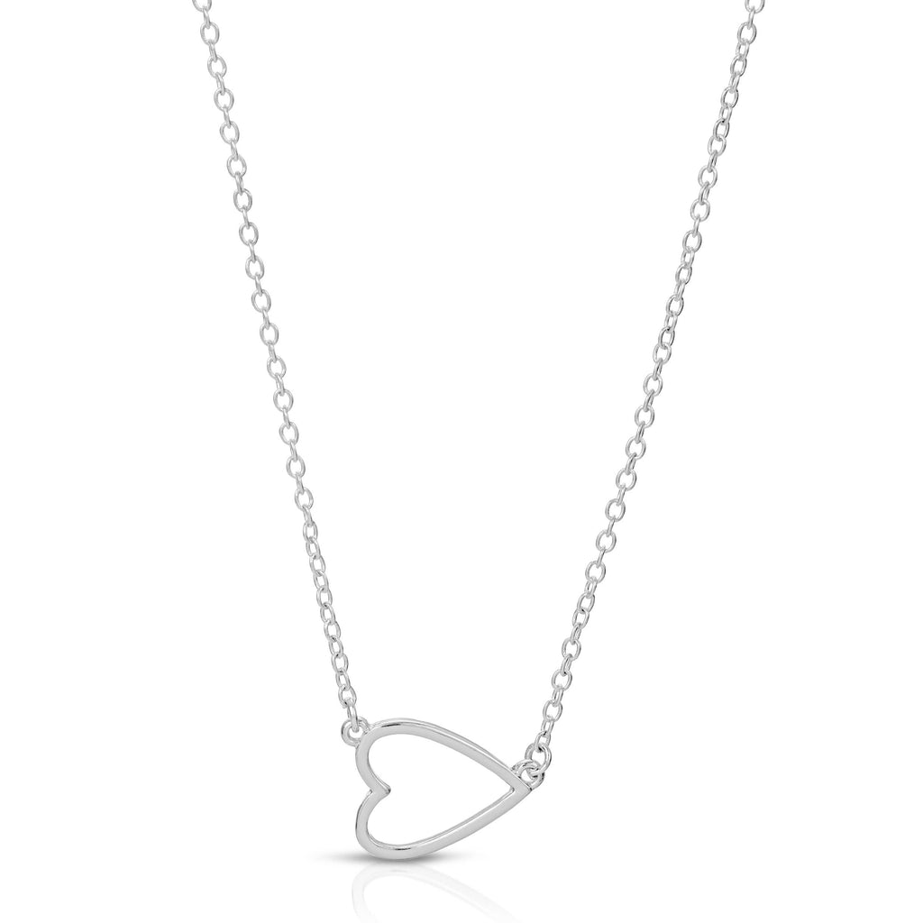 Silver heart-shaped pendant on a chain against a white background