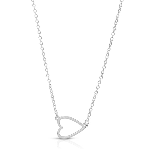 Silver heart-shaped pendant on a chain against a white background