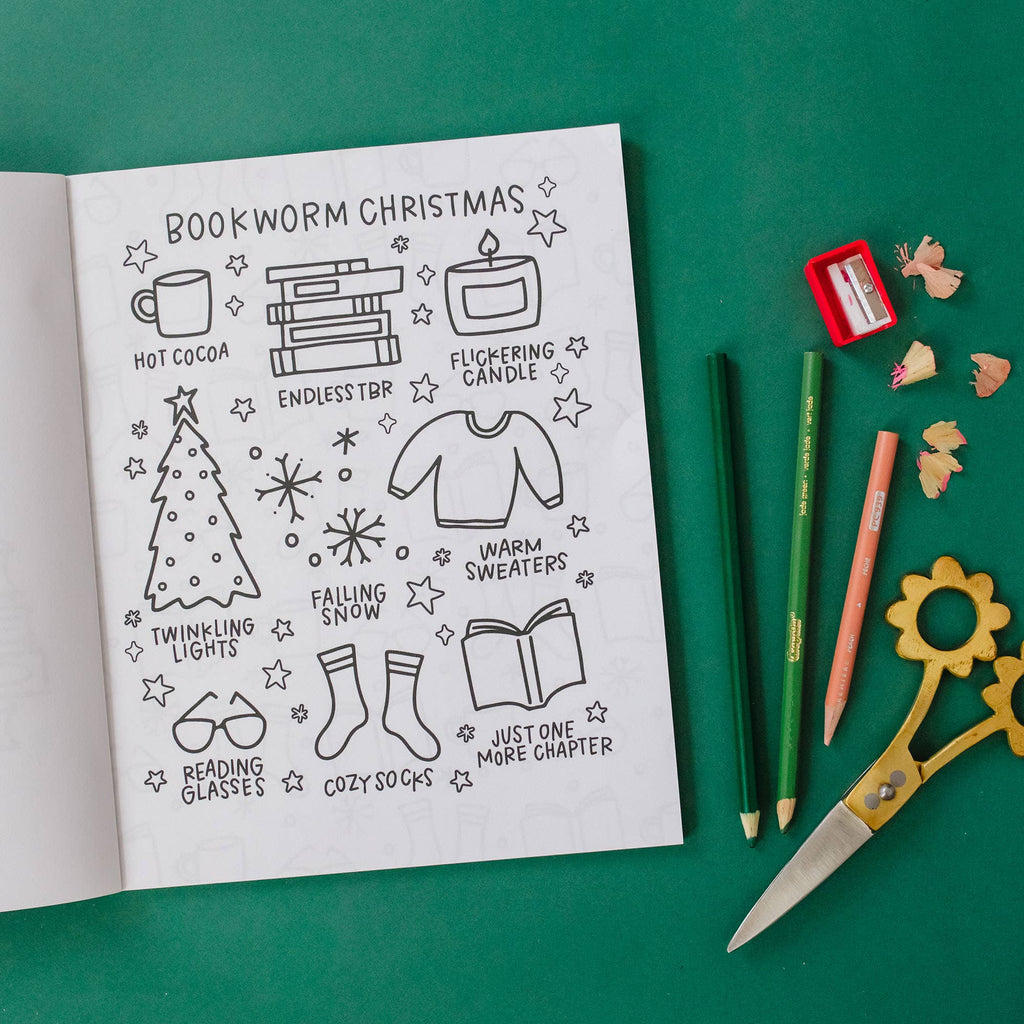 Coloring book page with Christmas-themed illustrations on a green background with stationery items.