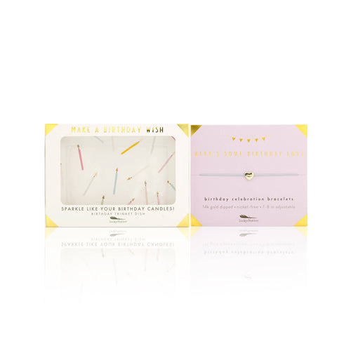 Two packaging boxes for birthday-themed jewelry on a white background