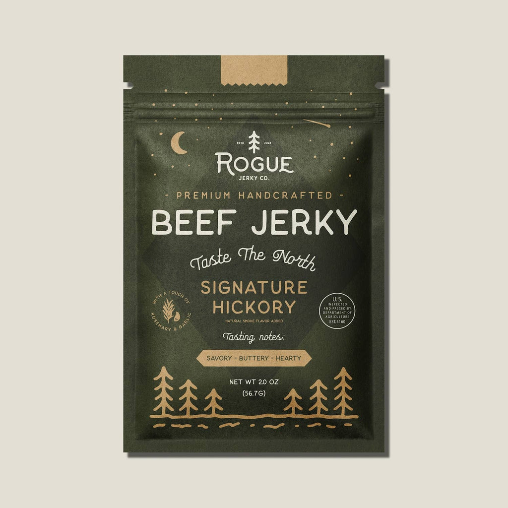 Rogue Beef Jerky packaging with green and brown design on a beige background