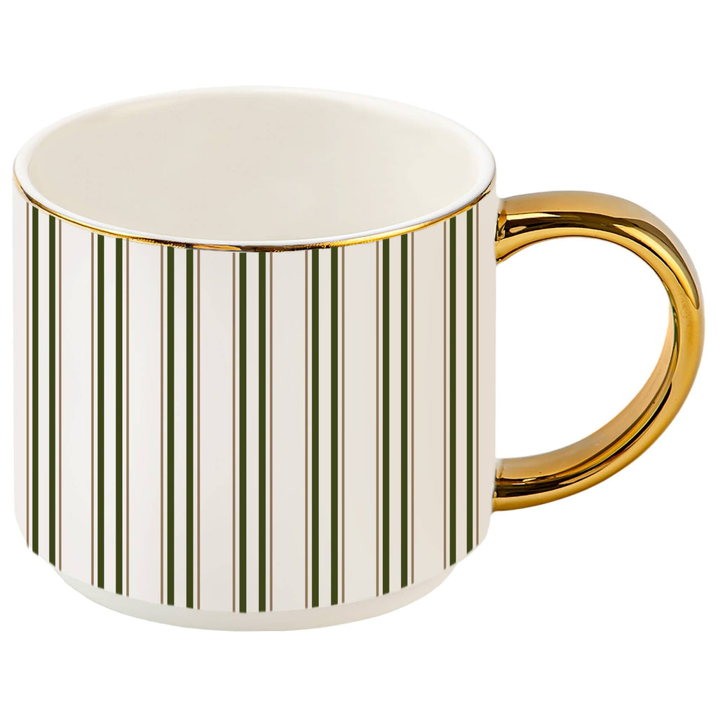 White coffee mug with vertical green stripes, a gold rim, and a gold handle on a white background.
