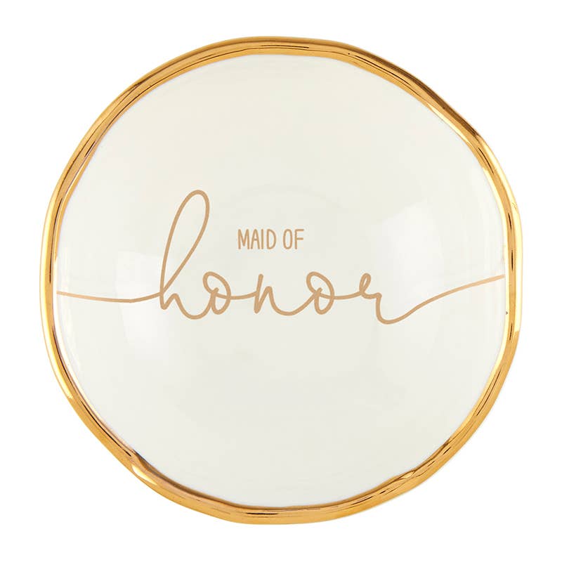 Round white plate with gold rim and 'Maid of Honor' text on a white background
