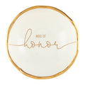 Round white plate with gold rim and 'Maid of Honor' text on a white background