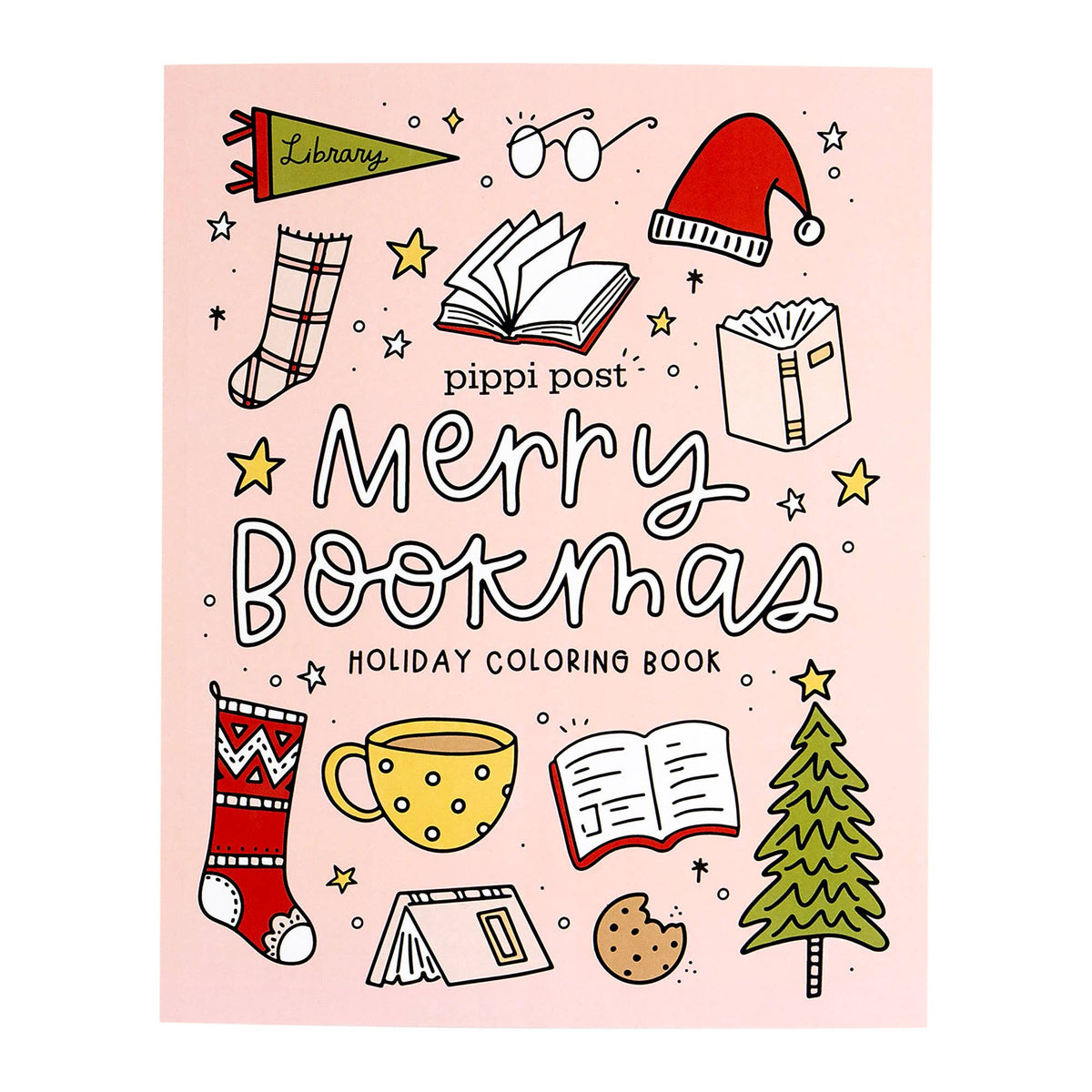 Coloring book cover with holiday-themed illustrations on a pink background