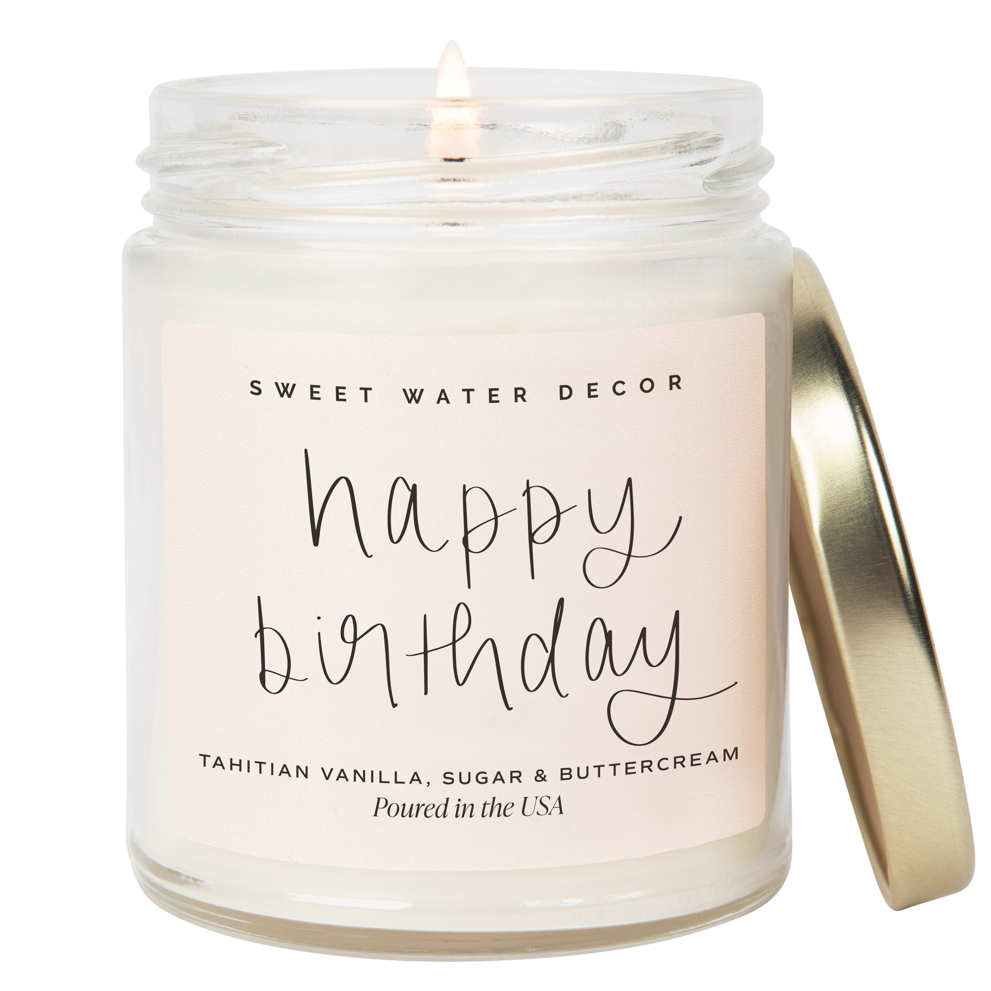 Candle in a jar with 'Happy Birthday' text and Sweet Water Decor branding.
