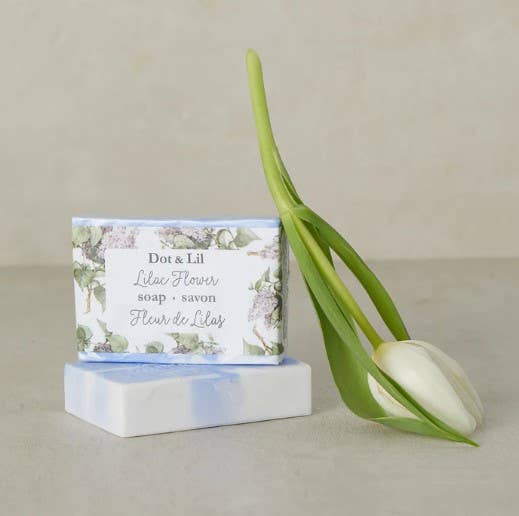 Dot & Lil soap bar with a tulip on a neutral background