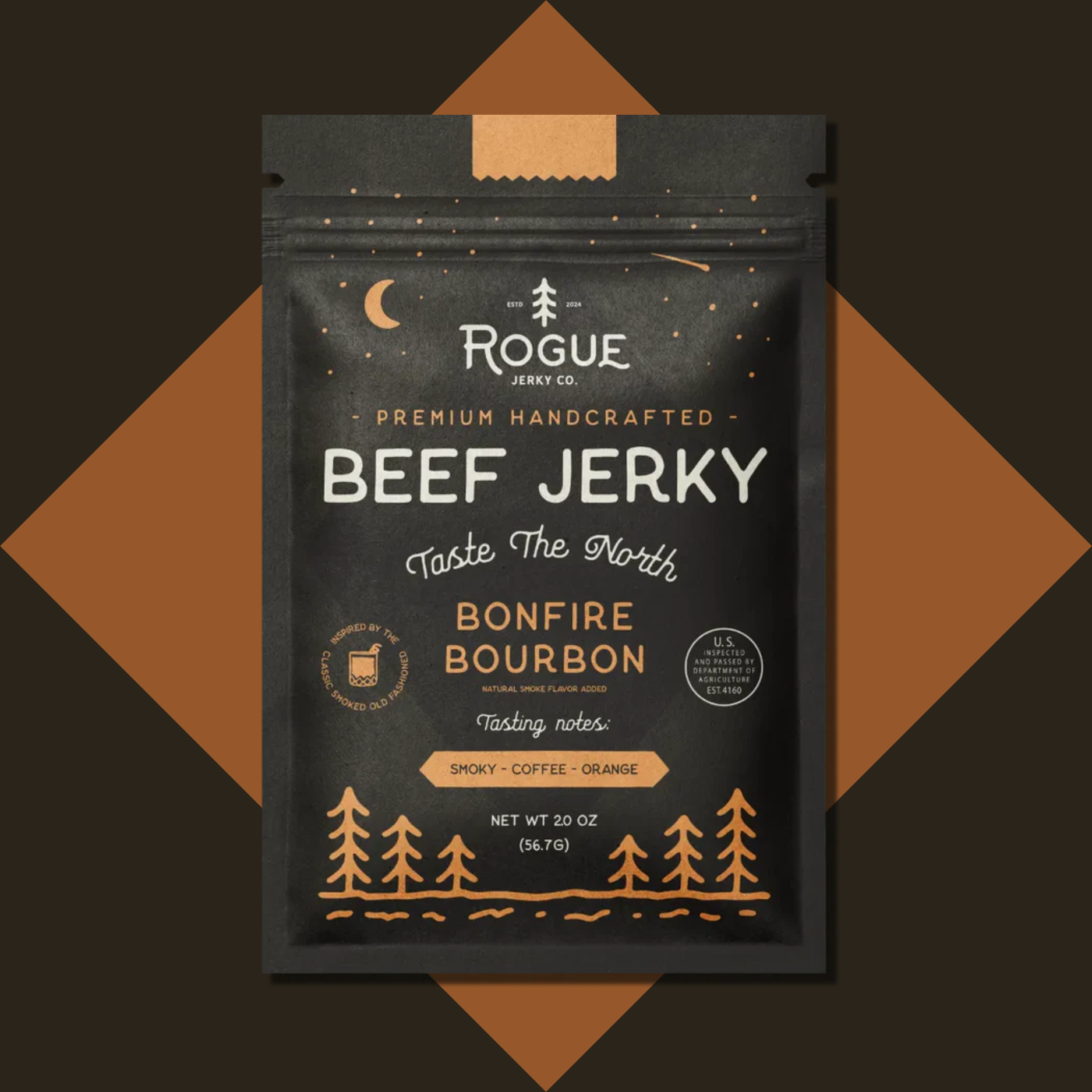 Packaging of Rogue Beef Jerky Co. Bonfire Bourbon beef jerky on a dark background