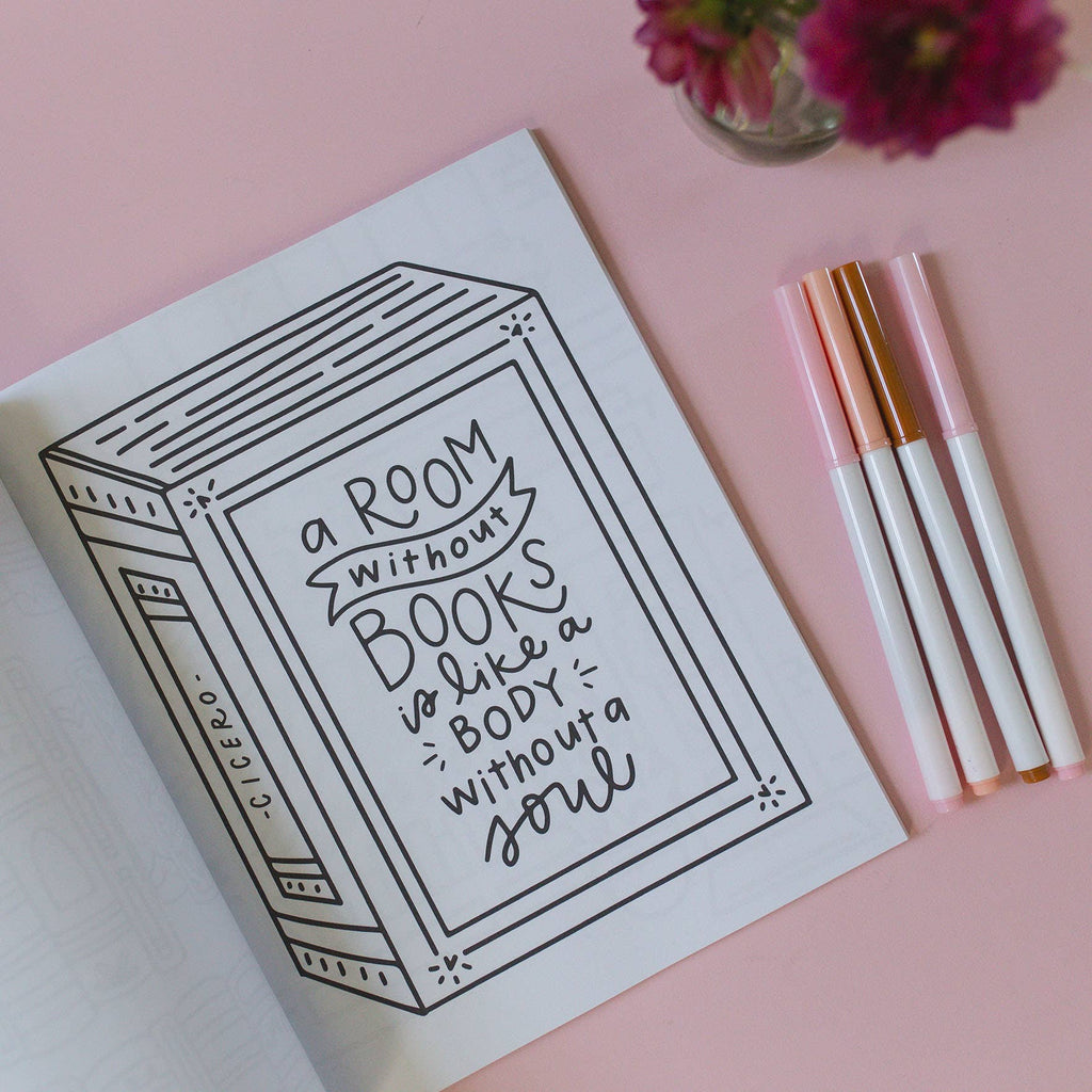 Close-up of detailed book-themed coloring page.