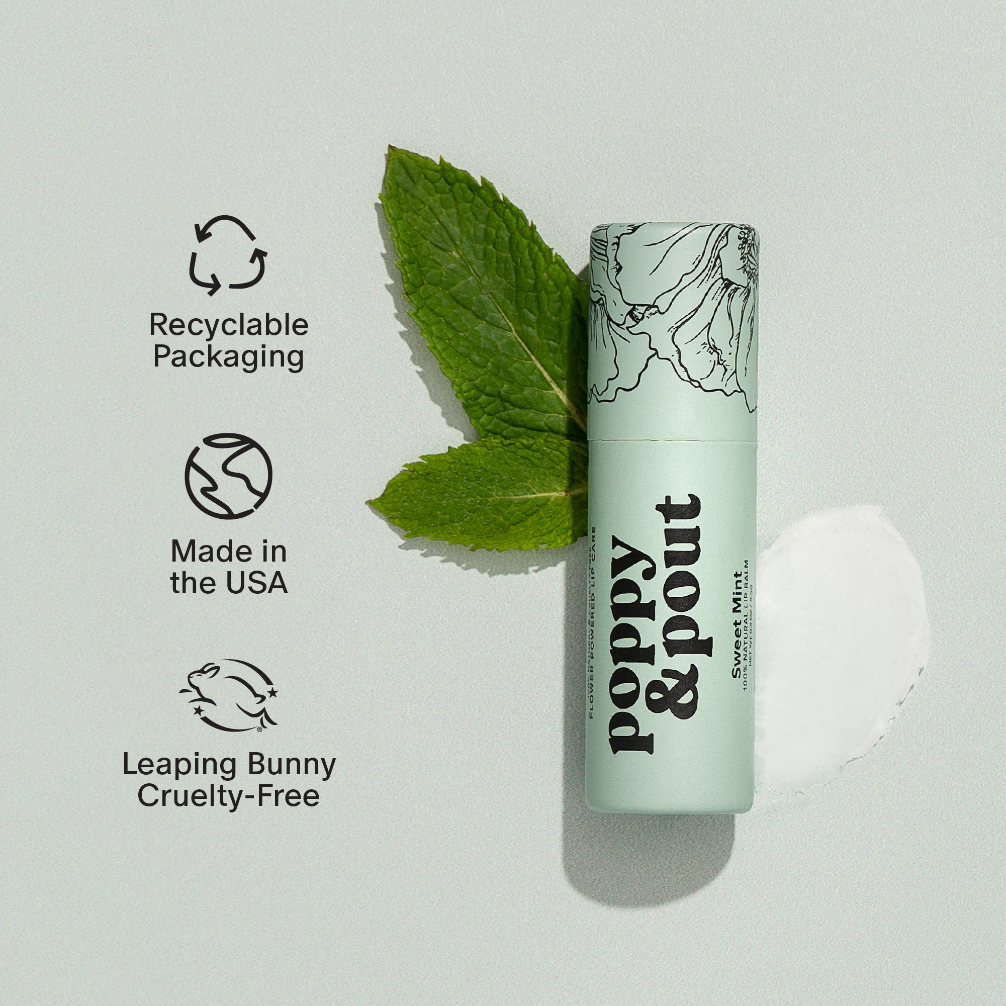 Lip balm with green packaging and mint leaves on a light gray background, featuring sustainability icons.
