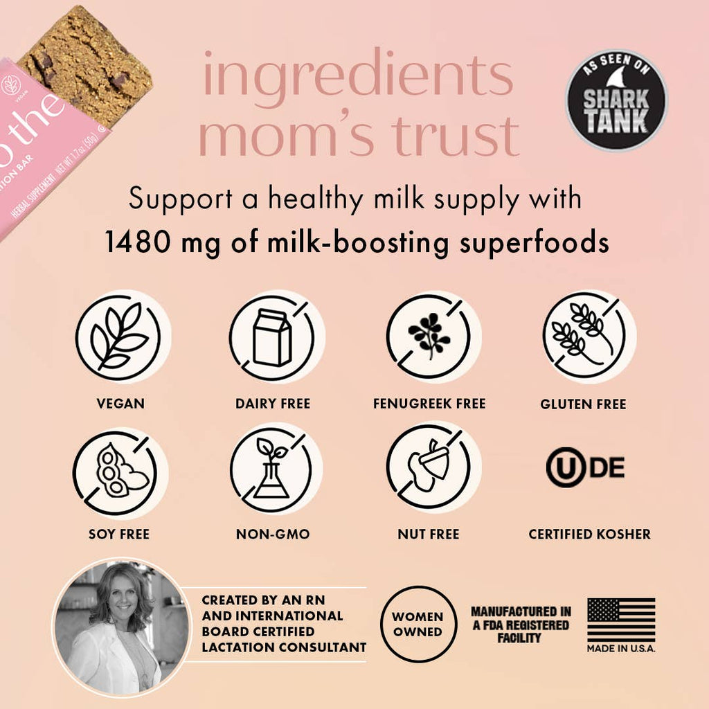 Milk to the Max Lactation Bar by Boobie Superfoods featuring 1,480 mg of milk-boosting superfoods, vegan, dairy-free, fenugreek-free and gluten-free breastfeeding support.