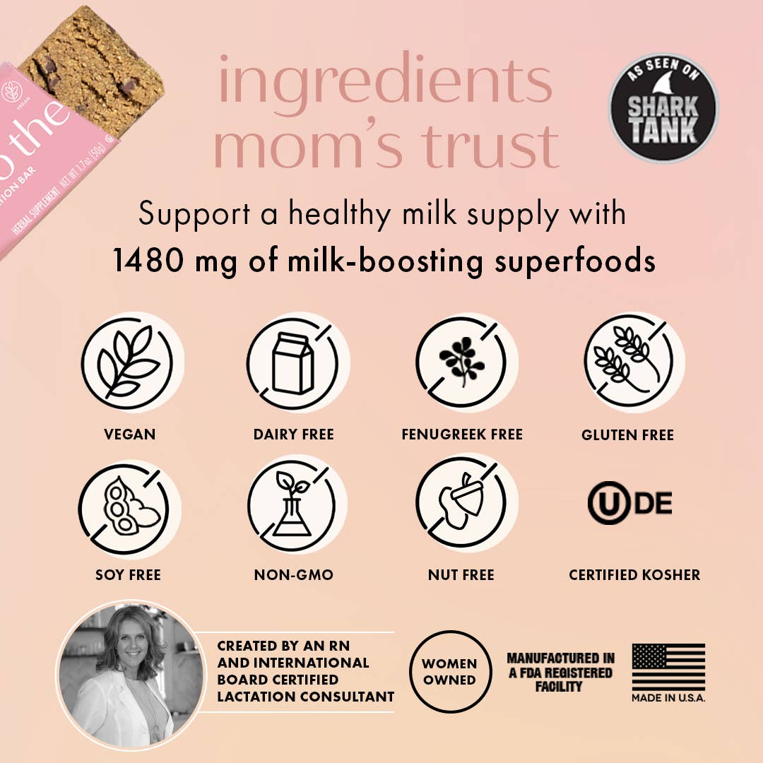 Milk to the Max Lactation Bar by Boobie Superfoods featuring 1,480 mg of milk-boosting superfoods, vegan, dairy-free, fenugreek-free and gluten-free breastfeeding support.