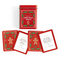 Red Christmas trivia card game with a decorative tin container on a white background