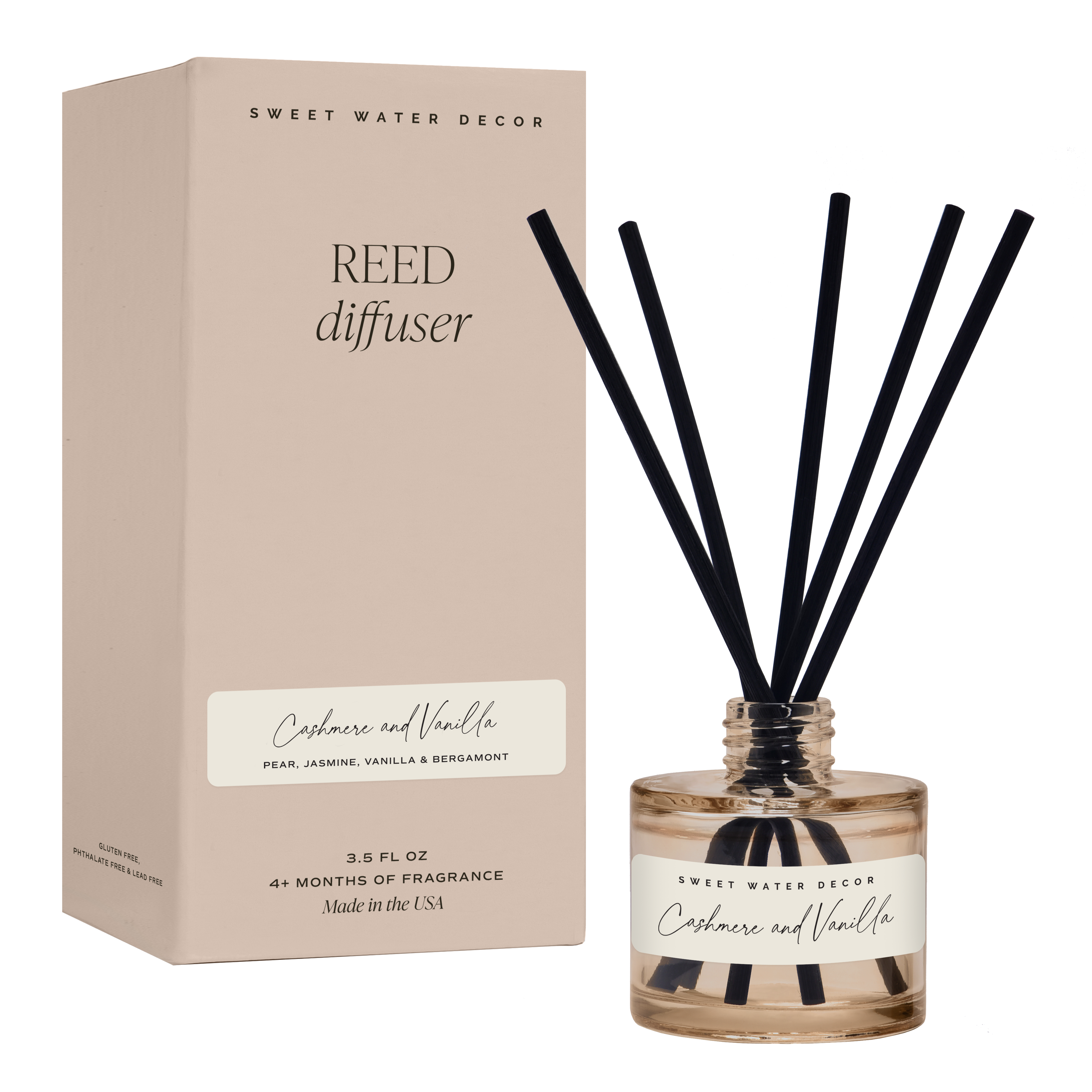 Reed diffuser with packaging labeled 'Sweet Water Decor' on a white background