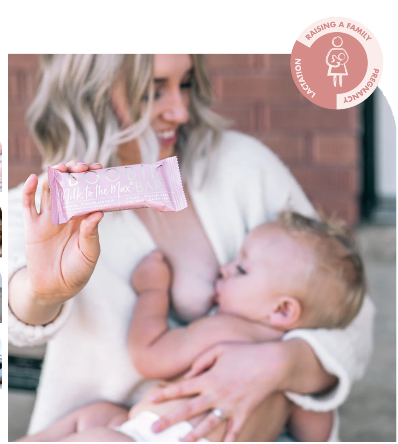 Mother breastfeeding her baby while holding a Boobie Superfoods Milk to the Max Oatmeal Chocolate Chip Lactation Bar, a convenient breastfeeding snack made with milk-boosting superfoods to support healthy milk supply.