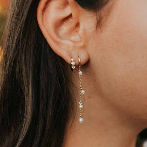 Close-up of an ear wearing a delicate earring with pearls.