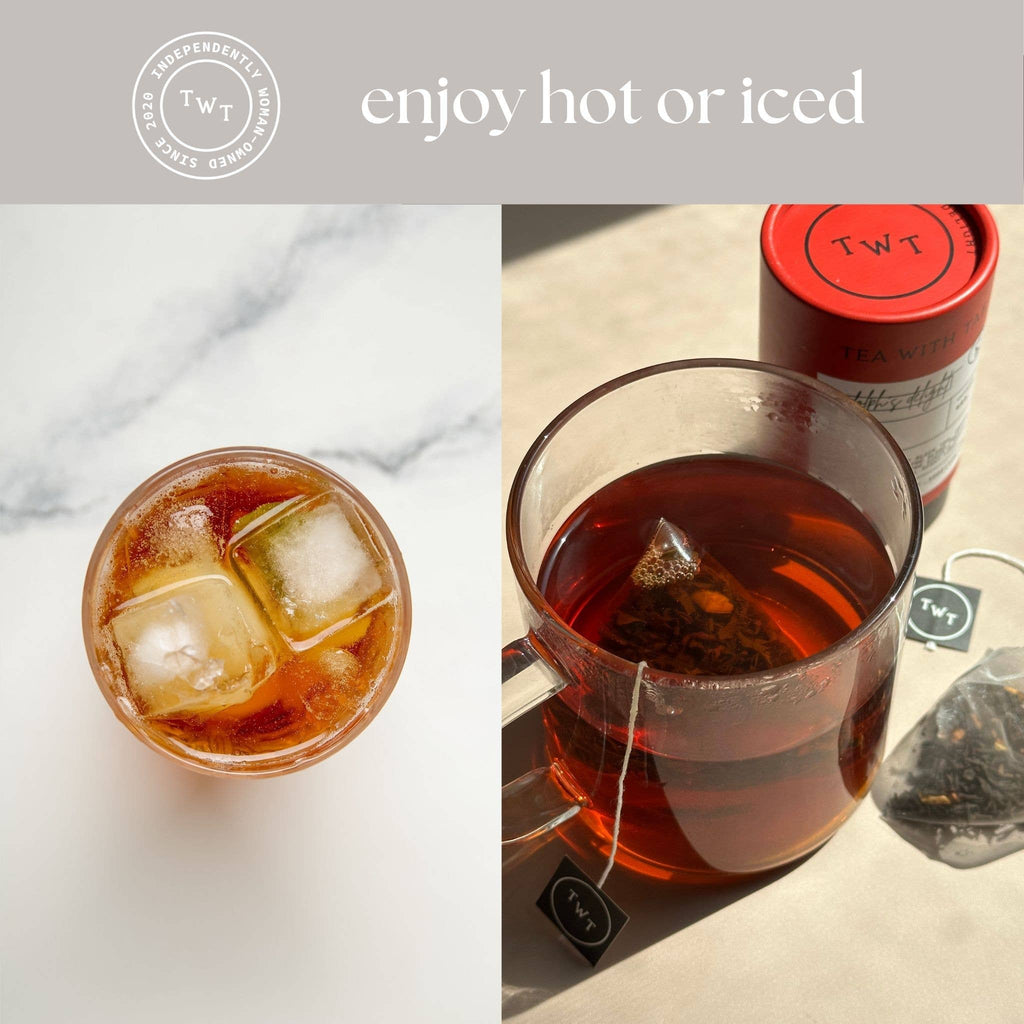Two images of tea: one with ice cubes and the other in a glass with a tea bag, featuring TWT branding.