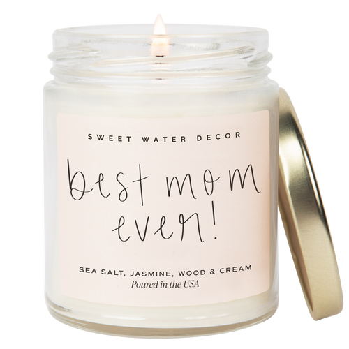 Candle in a jar with 'Sweet Water Decor' branding and 'best mom ever!' text on a white background.