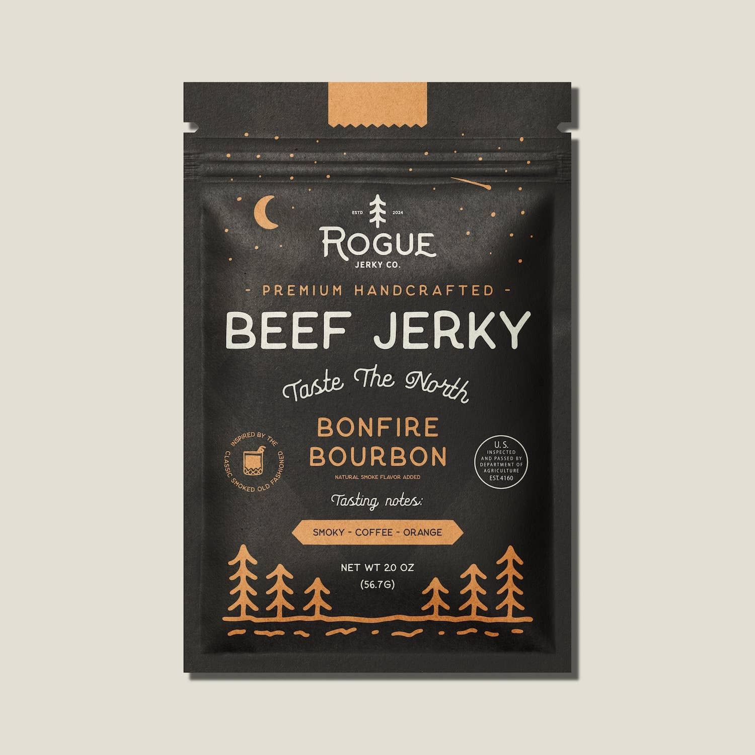Packaging of Rogue Beef Jerky with 'Bonfire Bourbon' flavor on a beige background