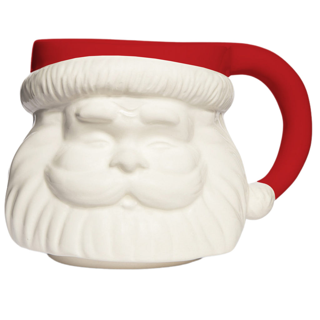 Front view of a cream ceramic Santa face Christmas mug with a sculpted beard, red hat, and red handle.
