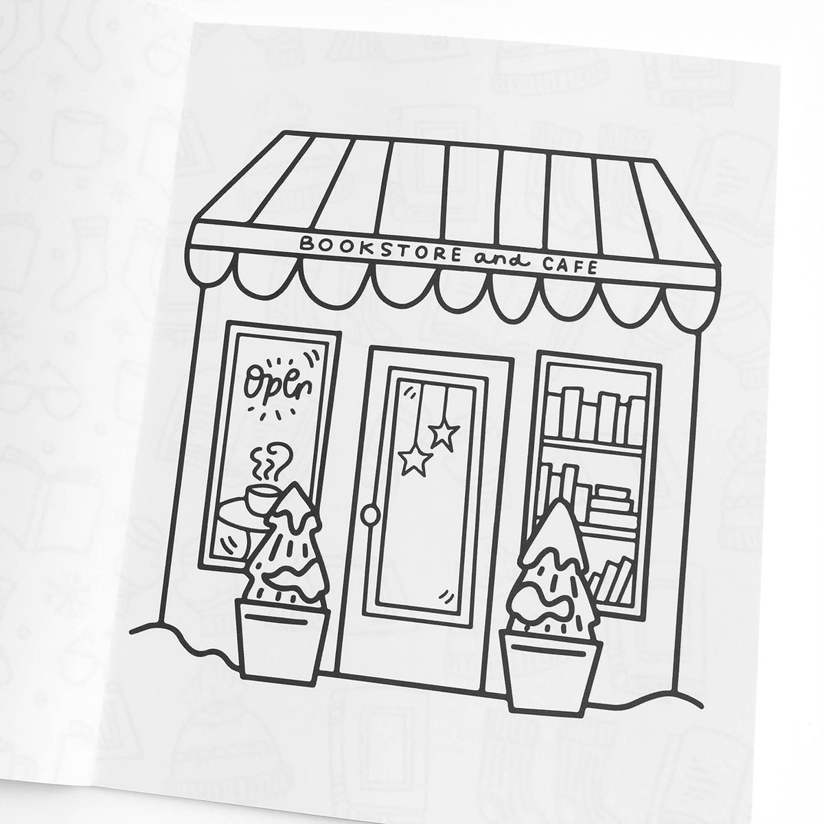 Black and white illustration of a bookstore and cafe on a white background