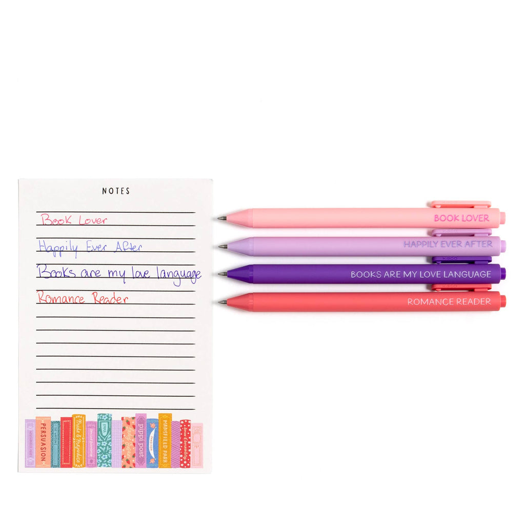 Close-up of pink and purple book-themed gel pens with black ink.